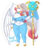 anthro earrings gigantic_ass gigantic_breasts horn horse_girl hourglass_figure pink_hair riku two_tone_hair white_hair wings yellow_eyes