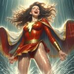  ai_generated belt big_breasts bodysuit bracelet brown_hair cape closed_eyes dc_comics dc_comics lipstick long_hair long_sleeves mary_marvel miniskirt rain red_bodysuit red_lipstick screaming smile water wet wet_clothes white_cape 