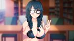  1girl big_breasts black_hair blurred_background commission glasses huge_breasts josuedu large_areolae long_hair nipples ore_wo_suki_nano_wa_omae_dake_ka_yo pale_skin pansy_(oresuki) sideboob smile v veins wallpaper 