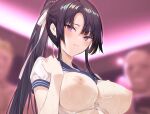 1girl 1girl 2boys bangs big_breasts black_hair blurry blurry_background blush bra breasts cleavage depth_of_field floral_print hair_ornament hair_ribbon hiiragi_yuuichi indoors long_hair looking_at_viewer male multiple_boys nipples original panties parted_bangs parted_lips ponytail purple_eyes ribbon sailor_collar shiny shiny_hair shirt sidelocks solo_focus tied_hair underwear undressing very_long_hair white_bra white_panties white_ribbon white_shirt white_underwear