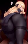 1girl 1girl 1girl ass big_ass black_panties blonde blonde_hair blush brown_eyes champion clothed_female cynthia_(pokemon) dat_ass embarrassed female_focus female_only hair_ornament huge_ass human long_hair looking_at_viewer looking_back mature mature_female nintendo panties pantyhose pokemon pokemon_dppt presenting_hindquarters sana!rpg solo_female solo_focus tagme thick_thighs thighband_pantyhose video_game_character video_game_franchise wide_hips