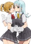  2girls ;d aqua_eyes aqua_hair bangs black_skirt blonde_hair blunt_bangs blush bow bowtie cheek-to-cheek female female_only flipped_hair gloves hand_holding hatsukaze_(kantai_collection) hime_cut hita_(hitapita) incipient_kiss interlocked_fingers kantai_collection long_hair looking_at_viewer love maikaze_(kantai_collection) miniskirt multiple_girls mutual_yuri one_eye_closed open_mouth pleated_skirt serious short_hair short_ponytail short_sleeves simple_background skirt smile upskirt vest white_background white_gloves yuri 