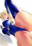 artoria_pendragon artoria_pendragon_(lancer) blonde_hair breasts crown fate/grand_order fate_(series) imp_(sksalfl132) leg_hold leg_lift looking_at_viewer stretch