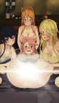  4_girls 4girls alcohol ass ass_grab blonde_hair blue_eyes blush bottomless bowsey breasts censored drink drunk female female_focus glasses highschool_of_the_dead hisasi looking_at_viewer no_panties on_bed open_mouth orange_eyes orange_hair pink_hair purple_hair rei_miyamoto saeko_busujima saya_takagi shizuka_marikawa smile spread_legs surprised teeth third-party_edit tongue towel upper_teeth wet yellow_eyes 