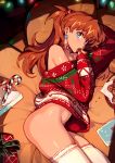 1_girl 1girl a10_nerve_clips asuka_langley_souryuu blue_eyes candy_cane christmas cookie earrings female female_human female_only human long_hair long_red_hair looking_at_viewer lying neon_genesis_evangelion no_panties optionaltypo partially_clothed red_hair redhead solo stockings sweater