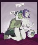  1boy 1girl 1girl areola beast_boy big_breasts big_bulge boxers curvy_female dc_comics demon_girl english_text gewd-boi green_body imminent_sex impregnation_request male male/female medium_hair muscular_male nipples panties raven_(dc) smile stubble tagme teen_titans teeth text 