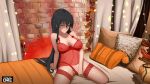 1girl akame_(akame_ga_kill!) akame_ga_kill! alluring black_hair breasts chrrleee erect_nipples_under_clothes female_masturbation fishnet_stockings hand_in_panties lingerie long_hair spread_legs