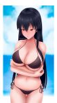  akame_(akame_ga_kill!) akame_ga_kill! alluring beach bikini black_hair long_hair ocean red_eyes rezeharu 