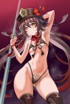  1girl bikini brown_hair flower genshin_impact hat hu_tao_(genshin_impact) long_hair red_eyes small_breasts smile stockings stripper_pole wide_hips 