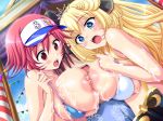  1boy 2girls bikini blonde_hair blue_eyes blush breasts cg cum cum_on_body cum_on_breasts cum_on_upper_body double_paizuri erect_nipples game_cg honoo_no_haramase_oppai_nyuu_doukyuusei huge_breasts long_hair michelle_de_la_farge multiple_girls multiple_paizuri nipples open_mouth paizuri red_eyes red_hair serizawa_nei short_hair squeez sweat swimsuit symbol-shaped_pupils tiara visor 