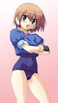  1girl aile blouse blush brown_hair cameltoe capcom gloves green_eyes mega_man mega_man_zx megaman megaman_zx no_pants one-piece_swimsuit pink_background rockman rockman_zx school_swimsuit short_hair standing swimsuit swimsuit_under_clothes 