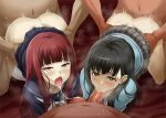 2_girls 3boys ass black_hair blush fellatio from_behind isonokami_tao itsukishima_sahori long_hair open_mouth orgy penis red_hair saliva school_uniform sex shin_megami_tensei skirt testicle tongue_out