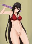  1girl akame_(akame_ga_kill!) akame_ga_kill! alluring bikini black_hair double_dildo holding_object kas-min long_hair naked_from_the_waist_down pubic_hair pussy red_eyes sex_toy 