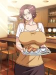 1girl bar breasts brown_eyes brown_hair chair coffee cup gaden glasses hair_up hitozuma_hatsujou_kissa housewife kitchen large_breasts milf sakuragi_reiko smile spoon