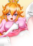 big_breasts blonde_hair blue_eye crown curvaceous dress earrings female high_heels jewelry long_hair mario_(series) nail_polish nintendo pink_dress princess princess_peach super_mario_bros. thick_thighs thighs video_game_character video_game_franchise voluptuous white_gloves white_leggings wide_hips