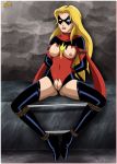 1girl blonde_hair bodysuit bondage boots breasts carol_danvers exposed_breasts exposed_pussy female female_human female_only long_hair marvel mask ms._marvel palcomix pussy sitting slavetoon solo spread_legs spreader_bar spreading tied_up torn_bodysuit torn_clothes