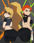 2_girls alternate_version_available ass ben_10 blonde_hair cartoon_network choker clothing crossover dat_ass disney disney_channel earrings ginger gravity_falls green_eyes grey_background gwen_tennyson hoop_earrings light_skin long_hair looking_back orange_hair pacifica_northwest ponytail postblue98 short_hair sports_bra thong towel yoga_pants