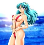 beautiful big_breasts bikini covered_nipples eyebrows_visible_through_hair lum lum_invader nipples pretty red_bikini sling_bikini solo urusei_yatsura