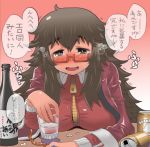  1girl beer_can blush bottle breast_rest breasts drooling drunk food freckles full-face_blush glasses large_breasts leaning_forward long_hair matsuda_yuusuke messy_hair original overcoat red-framed_glasses sake_bottle semi-rimless_glasses solo squid track_suit translation_request under-rim_glasses yonezawa_natsumi yuusha_to_maou zipper 