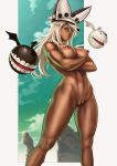 1girl big_breasts blonde blonde_hair breasts crossed_arms dandon_fuga dark_skin guilty_gear hat high_resolution large_filesize long_hair looking_at_viewer navel nipple_piercing nude piercing pussy ramlethal_valentine smile standing very_high_resolution yellow_eyes