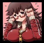 1girl blush breasts brown_eyes brown_hair flying_sweatdrops glasses huge_breasts long_hair matsuda_yuusuke messy_hair open_mouth original red-framed_glasses semi-rimless_glasses solo sweatdrop track_suit under-rim_glasses yonezawa_natsumi yuusha_to_maou