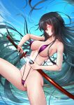 1girl 1girl adsouto akame_(akame_ga_kill!) akame_ga_kill! alluring bare_legs big_breasts black_hair blue_sky breasts cleavage cleft_of_venus collarbone day floating_hair glowing glowing_eye hair_over_one_eye high_res holding holding_sheath holding_sword holding_weapon long_hair open_mouth outside partially_visible_vulva purple_swimsuit red_eyes river sheath shiny shiny_hair sideboob signature sky sling_bikini slingshot_bikini slingshot_swimsuit swimsuit sword unsheathing very_long_hair weapon