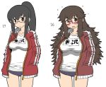 1girl age_progression alternate_hairstyle before_and_after black_hair blush breasts brown_eyes brown_hair buruma glasses gym_uniform hands_in_pockets huge_breasts large_breasts long_hair matsuda_yuusuke messy_hair original plump ponytail red-framed_glasses semi-rimless_glasses solo sweatdrop teenage track_jacket under-rim_glasses unzipped weight_gain yonezawa_natsumi yuusha_to_maou