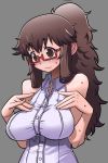 1girl alternate_hairstyle blush breasts brown_eyes brown_hair glasses impossible_clothes large_breasts long_hair matsuda_yuusuke original payot ponytail red-framed_glasses semi-rimless_glasses sidelocks sleeveless solo sweatdrop yonezawa_natsumi yuusha_to_maou