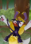  against_tree balls big_breasts cum cum_in_pussy cum_inside digimon drooling fox imp impmon mating_press park patoman renamon sex vaginal vixen 