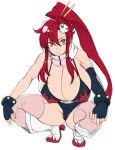 1girl alternate_breast_size bikini_top boots breasts cleavage female female_only fingerless_gloves gigantic_breasts gloves hair_ornament huge_breasts kloah long_hair looking_at_viewer ponytail red_hair scarf short_shorts shorts skull_hair_ornament smile solo squatting tengen_toppa_gurren-lagann yellow_eyes yoko_littner