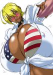 1girl :q american_flag_bikini bikini blonde_hair blue_eyes blush bra breasts cleavage collar cum dark_skin e-pen flag_print gigantic_breasts handjob mito_ikumi penis shiny shiny_skin shokugeki_no_souma short_hair solo_focus swimsuit tongue tongue_out underwear