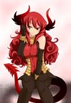  1girl adjusting_hair between_thighs black_gloves bracelet choker curly_hair demon_girl elbow_gloves enoko_(zqfebi) ga_no_kitsune gloves highres horns jewelry long_hair maou_beluzel orange_eyes original red_hair sitting smile solo tail thighs yuusha_to_maou 