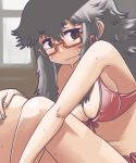 1girl bikini black_hair blush breasts brown_eyes cleavage freckles front-tie_bikini front-tie_top glasses hot large_breasts long_hair matsuda_yuusuke messy_hair original payot plump red-framed_glasses red_bikini semi-rimless_glasses side-tie_bikini sidelocks sitting skindentation solo sweat swimsuit under-rim_glasses wavy_mouth yonezawa_natsumi yuusha_to_maou