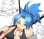 1girl blue_eyes blue_hair blush breast_press breasts earrings eyelashes fellatio heart jewelry king_of_fighters large_breasts leona_heidern long_hair nightmare-doom nightmaredoom_(artist) oral penis ponytail sideboob snk solo_focus tank_top the_king_of_fighters uncensored whip