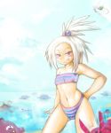  1girl bikini blush blush_stickers crobat garbodor grin gym_leader hair_bobbles hair_ornament homika_(pokemon) koffing navel pokemon pokemon_(game) pokemon_bw2 roxie scolipede smile swimsuit teeth tentacruel topknot tornadus yilx 