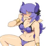  1girl abs annoyed bikini black_eyes blush borrowed_character bracelet breasts cleavage demon_girl embarrassed frown hair_over_one_eye hair_ribbon horns jewelry large_breasts long_hair midriff navel nise_maou_kanizeru original payot purple_bikini purple_hair ribbon sharp_teeth sideboob sidelocks simple_background sitting solo swimsuit tsukudani_(coke-buta) underboob wavy_hair white_background yuusha_to_maou 