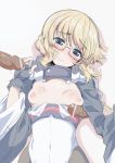  1girl adele_balfetto armpit_sex black_legwear blonde_hair blue_eyes bodysuit breasts female glasses handjob kyoukai_senjou_no_horizon kyoukaisenjou_no_horizon neyonsan nipples penis small_breasts smile solo 