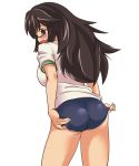 1girl adjusting_buruma adjusting_clothes ass atm_(samuraiedge) black_hair blush borrowed_character breasts brown_eyes buruma from_behind glasses gym_uniform large_breasts long_hair messy_hair original samuraiedge semi-rimless_glasses solo yonezawa_natsumi yuusha_to_maou