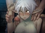  1boy 1girl armpit_sex blush captive captive_market censored da_hootch danes_c_asriel dark-skinned_male dark_elf dark_skin elf game_cg indoors lilith-soft open_mouth penis pointy_ears shindou_l silver_hair sitting sweat yellow_eyes 