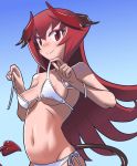  1girl alternate_hairstyle areolae belly bikini blue_sky blush breasts demon_girl demon_horns demon_tail hair horns long_hair maou_beluzel matsuda_yuusuke midriff navel nipple_slip nipples original red_eyes red_hair side-tie_bikini sky small_breasts smile solo straight_hair swimsuit tail underboob untied untied_bikini very_long_hair white_bikini white_swimsuit yuusha_to_maou 