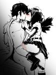  1boy 1girl bdsm black_hair black_wings blush bondage bound censored faceless faceless_male femdom geta hat hyudora kiss kneepit_sex male monochrome penis red_eyes shameimaru_aya short_hair skirt solo spot_color sweat tokin_hat tongue touhou wings 