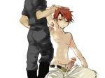 2boys amakusa_juuza armpit armpit_sex armpitjob armpits erection gm male male_focus male_only multiple_boys penis red_eyes red_hair sitting solo_focus topless topless_male umineko_no_naku_koro_ni uniform unzipped ushiromiya_battler white_background yaoi