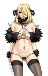 1girl black_bra black_stockings black_thong blonde blonde_hair bra cynthia cynthia_(pokemon) deareditor female female_human female_only hair_over_one_eye human long_blonde_hair long_hair mostly_nude pokemon pussy see-through shirona shirona_(pokemon) solo standing stockings thong white_background