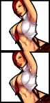 1girl abs armpit_sex armpits between_breasts black_eyes blush breasts cum cum_on_body cum_on_upper_body highres king_of_fighters lipstick long_image makeup navel necktie no_bra red_hair sawao short_hair sleeveless snk solo suspenders tall_image the_king_of_fighters underboob vanessa vanessa_(king_of_fighters)