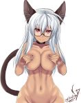 1girl animal_ears breasts cat_ears cat_tail cleavage dark_skin glasses large_breasts long_hair nightmare-doom nightmaredoom_(artist) nude original red_eyes smile solo tail white_hair