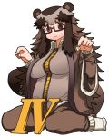 1girl alternate_color alternate_hair_color animal_ears breasts brown_eyes brown_hair glasses haori highres japanese_clothes kemonomimi_mode large_breasts long_hair matsuda_yuusuke messy_hair multicolored_hair original paw_pose plump raccoon_ears raccoon_tail semi-rimless_glasses sitting smile socks solo sweatdrop tail track_suit under-rim_glasses wariza yonezawa_natsumi yuusha_to_maou