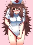 1girl blush brown_eyes brown_hair covering covering_crotch glasses hat long_hair matsuda_yuusuke messy_hair naked_shirt nurse nurse_cap original red-framed_glasses semi-rimless_glasses shirt solo sweat tears under-rim_glasses yonezawa_natsumi yuusha_to_maou