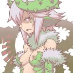  1girl bare_shoulders breasts bridal_gauntlets bust center_opening fur_collar fur_trim hair_over_one_eye looking_at_viewer matsuda_yuusuke nipples nise_maou_dokuzeru original oversized_breast_cup pink_hair plant plant_girl red_eyes sharp_teeth short_hair small_breasts solo tsurime upper_body venus_flytrap yuusha_to_maou 