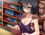  1girl aebafuti armpit_sex black_hair blue_eyes cum glasses multitasking nintendo_ds solo_focus 