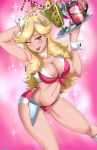  1girl belly big_breasts blonde_hair blush breasts cleavage earrings female_only hair honey_(space_dandy) jewelry long_hair looking_at_viewer midriff navel red_eyes serving_tray shadman short_shorts shorts solo_female space_dandy waitress wink wrist_cuffs 